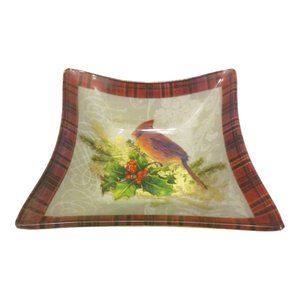 Vintage Cardinal & Holly Berry Tartan Glass Bowl